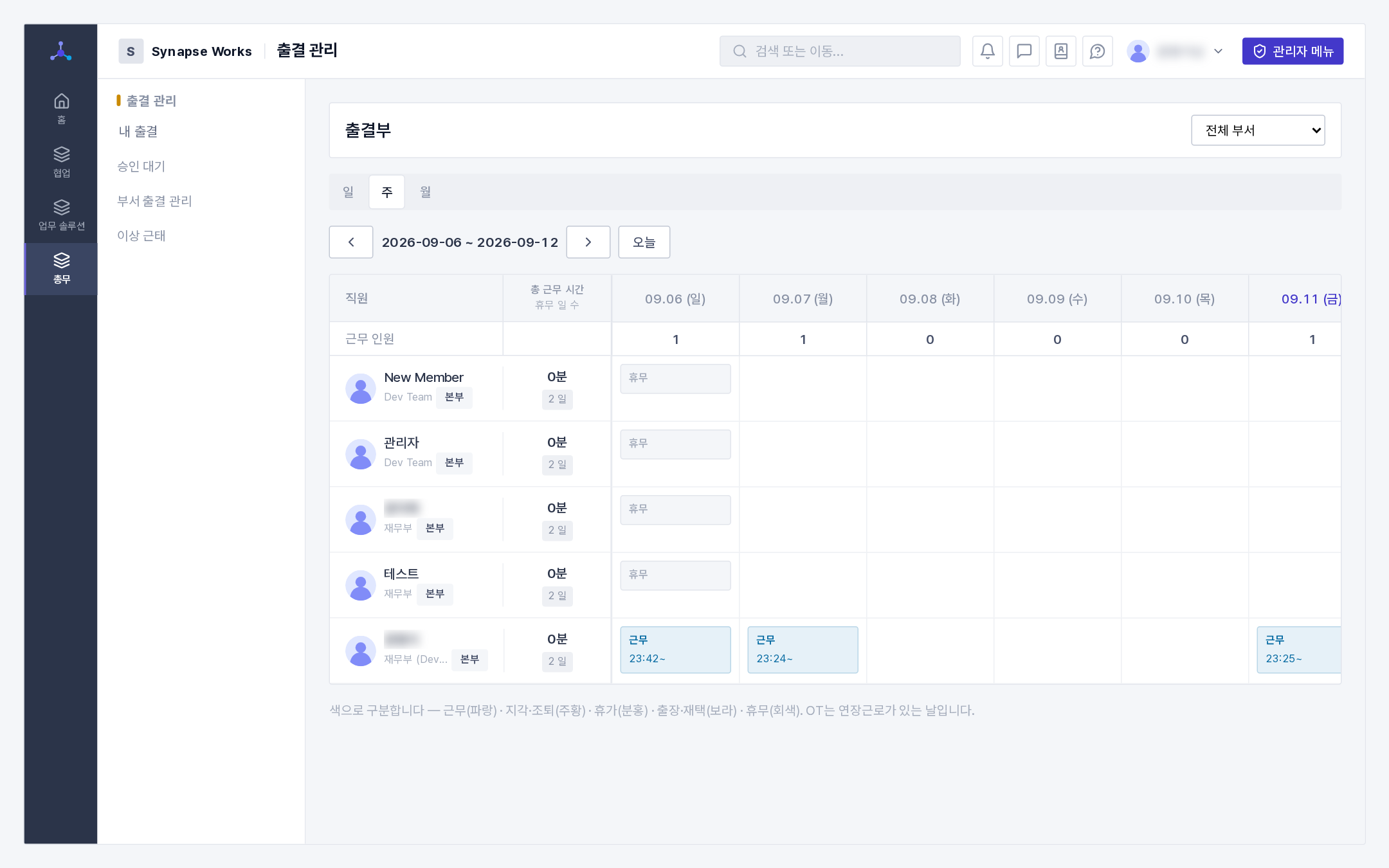 출결부 화면